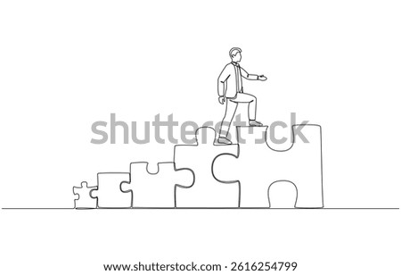 Continuous one line drawing of businessman stepping up to big puzzle piece, career growth, self development to become important part of organization concept, single line art