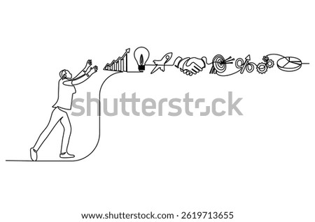 Continuous one line drawing of Businessman with floating business icon. Single line drawing illustration of Young businessman. Success business concept vector art. Doodle line illustration.