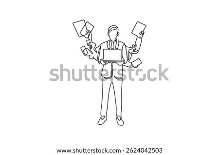 Continuous one line drawing of Businessman with multitasking. Single line drawing illustration of Businessman work with many hands. Management skill concept vector art. Doodle line illustration.