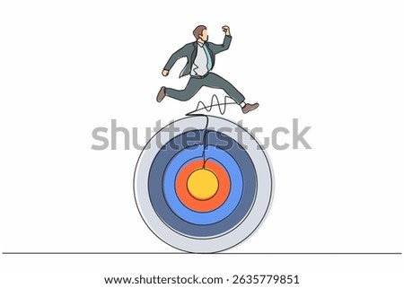 Continuous one line drawing businessman move forward with goals. Businessman running on target. Business competition to success. Marketing career. Single line draw design vector graphic illustration
