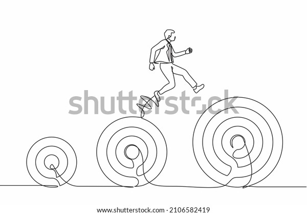Continuous one line drawing businessman\
jumping up higher target career goals. The business next target.\
Planning and successful. Business metaphor. Single line draw design\
vector graphic\
illustration