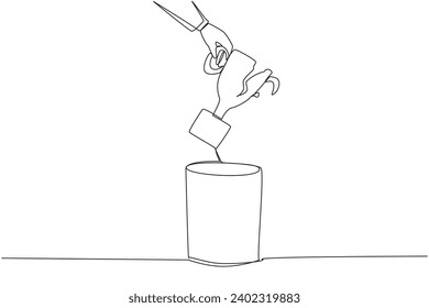 Continuous one line drawing businessman's hand throwing away broken trophy. Past glories can only be remembered. Make it a motivation to be better. Cracked. Single line draw design vector illustration