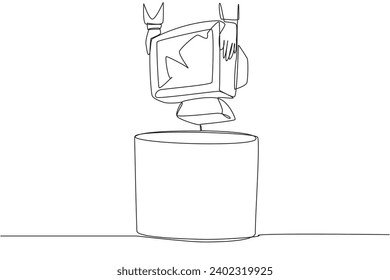 Continuous one line drawing businessman's hand throws away tube monitor whose screen is cracked. Outdated technology. Poor color gradation. Useless things. Single line draw design vector illustration