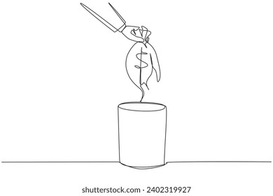 Continuous one line drawing businessman's hand throwing away torn money bag. Useless thing. Cannot be used to carry money. More expenses than income. Single line draw design vector illustration
