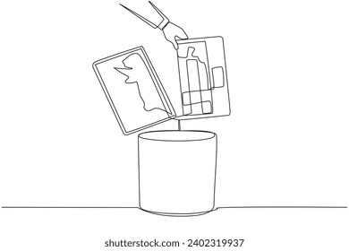 Continuous one line drawing businessman's hand throwing away a laptop with a cracked screen. The latest technology that cannot be utilized. Useless. Broken. Single line draw design vector illustration