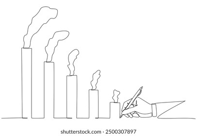 Continuous one line drawing of businessman's hand writing graph of smoke pollution in downtrend, plan to reduce greenhouse gas emission concept, single line art.