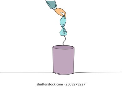 Continua una línea dibujando la mano del hombre de negocios tirando una botella de plástico triturada. La mejor manera de deshacerse de los artículos de plástico. Se puede reutilizar. Se puede reciclar. Ilustración vectorial de diseño de dibujo de línea única