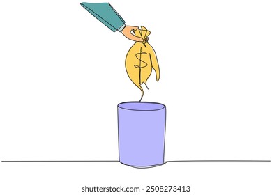 Continuous one line drawing businessman's hand throwing away torn money bag. Useless thing. Cannot be used to carry money. More expenses than income. Single line draw design vector illustration