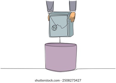 Continuous one line drawing businessman's hand throwing away broken safety box. It's no longer reliable. Replace to avoid leaking a lot of data. Wrecked. Single line draw design vector illustration