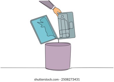 Continuous one line drawing businessman's hand throwing away a laptop with a cracked screen. The latest technology that cannot be utilized. Useless. Broken. Single line draw design vector illustration