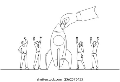 Continuous one line drawing of businessman's hand inserting coin into rocket of startup team, funding startup company concept, single line art