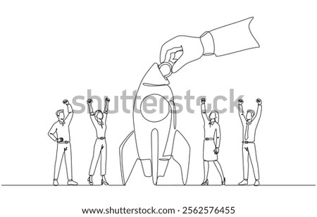 Continuous one line drawing of businessman's hand inserting coin into rocket of startup team, funding startup company concept, single line art
