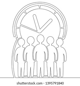 Continuous one line drawing businessmen crowd standing on giant clock icon isolated time management vector illustration concept