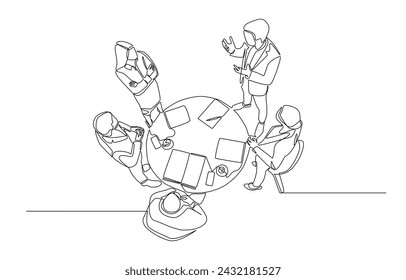 Continuous one line drawing of businesspeople discussing work around round table, business meeting, project discussion concept, single line art.