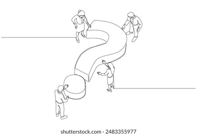 Continuous one line drawing of businesspeople with big question mark, teamwork to find solution to solve business problem, answering question concept, single line art.