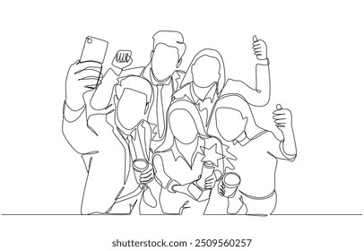 Continuous one line drawing of businesspeople taking selfies to celebrate business award, team celebration concept, single line art.