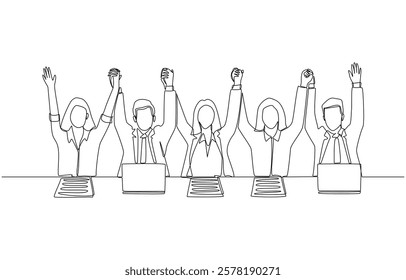 Continuous one line drawing of businesspeople holding hands each other to celebrate success, business team celebration concept, single line art