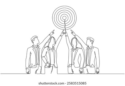 Continuous one line drawing of businesspeople pointing at target together, team business goal concept, single line art