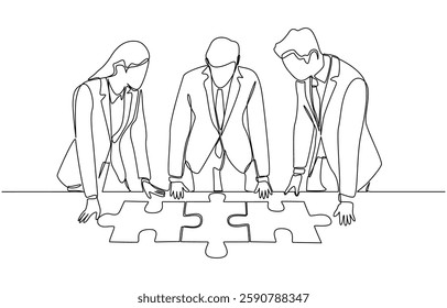 Continuous one line drawing of businesspeople looking at connected jigsaw puzzle on table, business connection, partnership and agreement concept, single line art