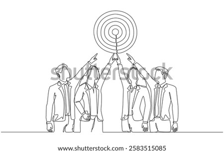 Continuous one line drawing of businesspeople pointing at target together, team business goal concept, single line art