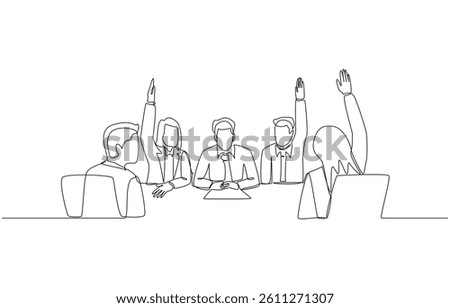 Continuous one line drawing of businesspeople raising hands to decide on project plan, business discussion and voting concept, single line art