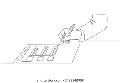 Continuous one line drawing of businessperson writing checklist of progress against business plan, project management and process checklist concept, single line art.