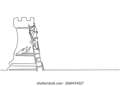 Continuous one line drawing businesswoman climb huge rook chess piece with ladder. Business strategy and marketing plan. Strategic move in business concept. Single line draw design vector illustration