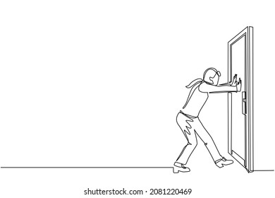 Continuous one line drawing businesswoman pushes closed door on white wooden door frame. Business struggles. Strength for success. Opening closed doors. Single line draw design vector illustration