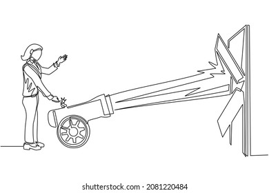 Continuous one line drawing businesswoman ignites cannon in front of door and destroying door. Eliminating barrier of entries, destroying obstacles with brute force. Single line draw design vector