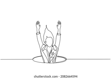 Continuous one line drawing businesswoman fell into manhole underground sewer. Female fell into sewage. Depressed and business failure concept. Metaphor. Defeat. Single line draw design vector graphic