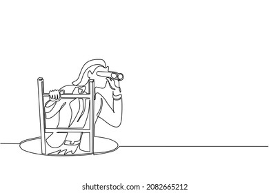 Continuous one line drawing businesswoman climbs out of the hole by ladder and using binocular. Business vision and solution concept. Symbol of challenge. Single line draw design vector illustration