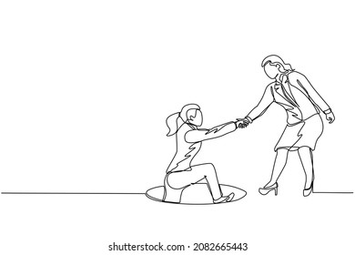 Continuous one line drawing businesswoman helping her friend by take her out from hole. Two women one of whom helps another. Business struggles. Single line draw design vector graphic illustration