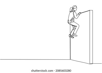 Continuous one line drawing businesswoman overcame wall obstacles that blocked her and conquered adversity. Overcome difficulties to achieve victory. Single line design vector graphic illustration