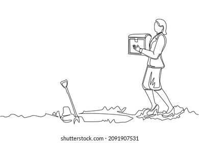 Continuous one line drawing businesswoman walking and holding treasure chest. Woman with treasure box that contained many gold coins. Business metaphor. Single line design vector graphic illustration