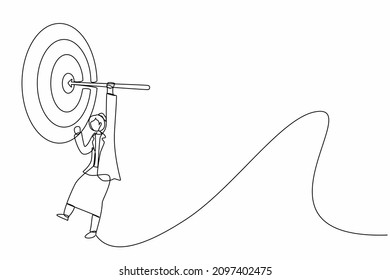 Continuous one line drawing businesswoman hanging arrow on target, business success concept. Businesswoman hanging arrow on target. Goal setting. Single line draw design vector graphic illustration