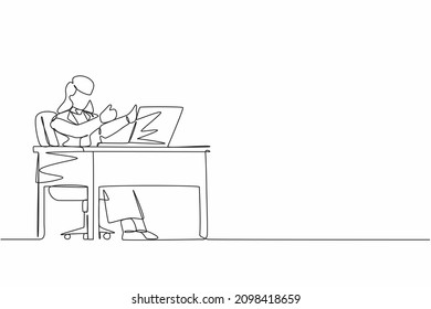 Continuous One Line Drawing Businesswoman Giving Good Sign In Front Of Computer. Female In Blazer Operating PC While Doing Thumbs-up Sign. Happy Employee Concept. Single Line Design Vector Graphic