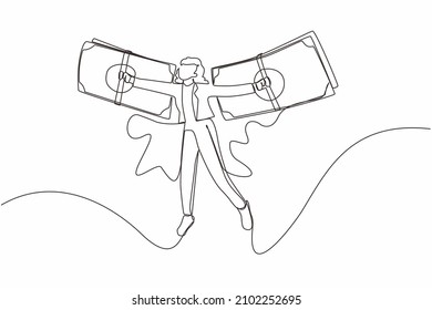 Continuous one line drawing businesswoman flying on money wings. Financial freedom concept, depicting woman flying on wings made of currency bills. Single line draw design vector graphic illustration