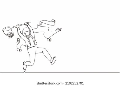 Continuous one line drawing businesswoman trying to catch flying money with butterfly net. Happy running entrepreneur woman using business opportunity to scoop dollar bills. Single line design vector