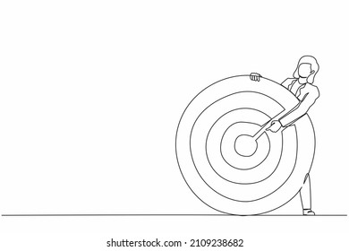 Continuous one line drawing businesswoman holding archer target or dashboard pointing at bullseye. Focus on business target, setting goal for motivation. Single line design vector graphic illustration