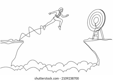 Continuous one line drawing businesswoman jumping over cliff to reach target  Success move while taking risk  Entrepreneur challenges  motivation  personal growth  Single line design vector graphic