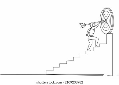 Continuous one line drawing businesswoman with arrow running toward her goal, motivation advancing, path to achieving high goal, through stairs, steps of achievement. Single line design vector graphic