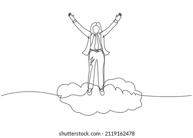 Continuous one line drawing businesswoman on top of cloud with raised hands. Successful business concept. Financial freedom, happiness, peaceful. Single line draw design vector graphic illustration