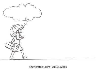 Continuous one line drawing businesswoman with briefcase and umbrella stand under rain cloud. Depression, passerby at rainy weather. Drenched woman, water pour from sky. Single line draw design vector