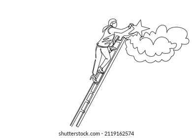 Continuous one line drawing businesswoman standing on stairs and reaching star on the sky. Goals and dreams. Business, career, achievement concept. Single line draw design vector graphic illustration