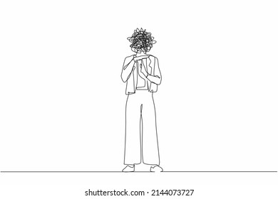 Continuous one line drawing businesswoman with round scribbles instead of head. Stop working, time break gesture, timeout signal. Body language sign with palms fingers. Single line draw design vector