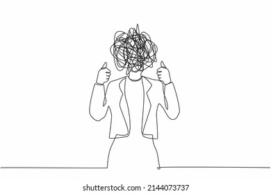 Continuous one line drawing businesswoman with round scribbles instead of a head. Confused female manager showing thumb up. Deal, like, agree, approve, accept. Single line draw design vector graphic