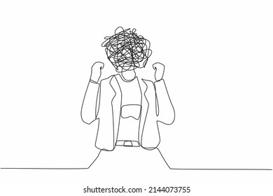 Continuous one line drawing businesswoman with round scribbles instead of head. Angry woman raised fist, shout or screaming expression. Woman expresses negative emotion. Single line draw design vector