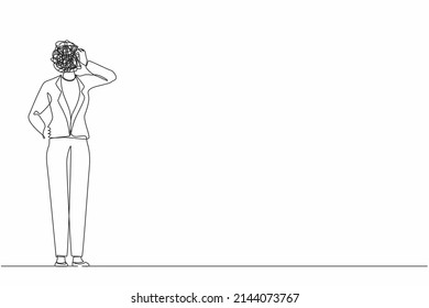 Continuous one line drawing businesswoman with round scribbles instead of a head. Doubting woman standing and thinking, unsatisfied serious worrying human. Single line draw design vector illustration