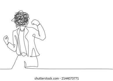 Continuous one line drawing businesswoman with round scribbles instead of head. Angry female in blazer standing showing threatening gesture with clenched fist. Single line draw design vector graphic