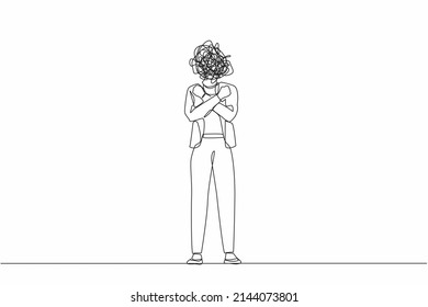 Continuous one line drawing businesswoman with round scribbles instead of head. Female manager with fists clenched and arms crossed, feeling happy and positive. Single line draw design vector graphic